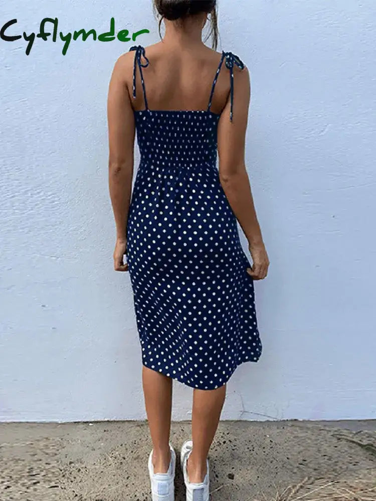 Cyflymder Dresses Sundress Summer Women Causal Polka Dot Sleeveless High Pleated Elastic Waist