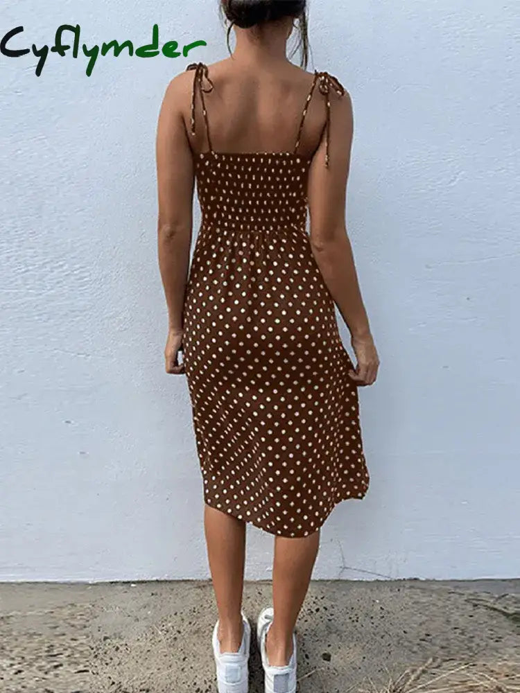 Cyflymder Dresses Sundress Summer Women Causal Polka Dot Sleeveless High Pleated Elastic Waist