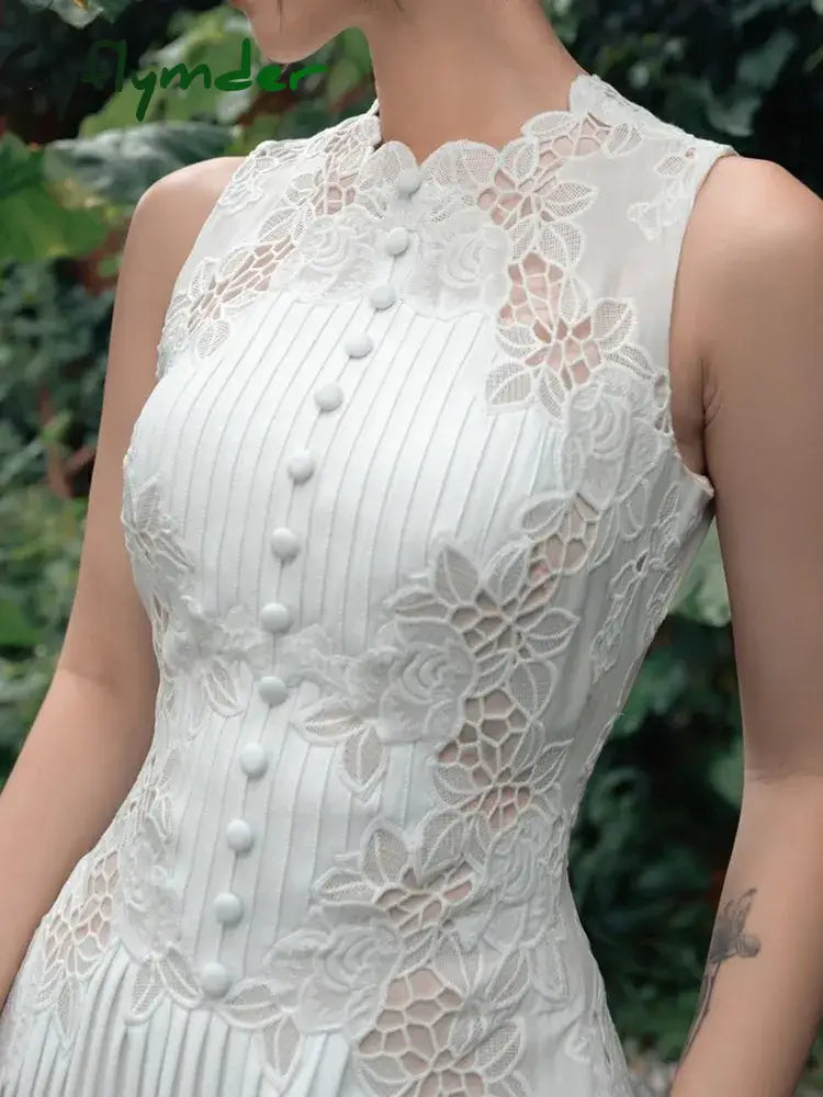 Cyflymder Dresses Women New Fashion White Sleeveless Summer Dress Ladies Lace Rose Embroidery