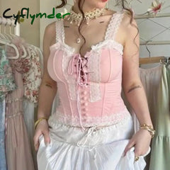 Cyflymder E-Girl Kawaii Front Tie Up Corset Top Lolita Lace Trim Backless Zip Camis Fairy Coquette