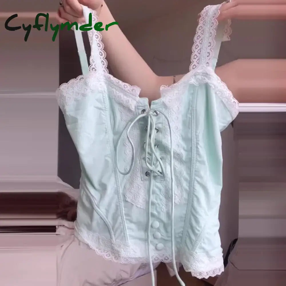 Cyflymder E-Girl Kawaii Front Tie Up Corset Top Lolita Lace Trim Backless Zip Camis Fairy Coquette