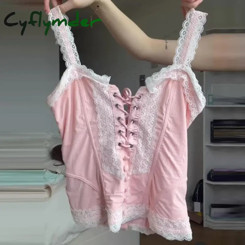 Cyflymder E-Girl Kawaii Front Tie Up Corset Top Lolita Lace Trim Backless Zip Camis Fairy Coquette