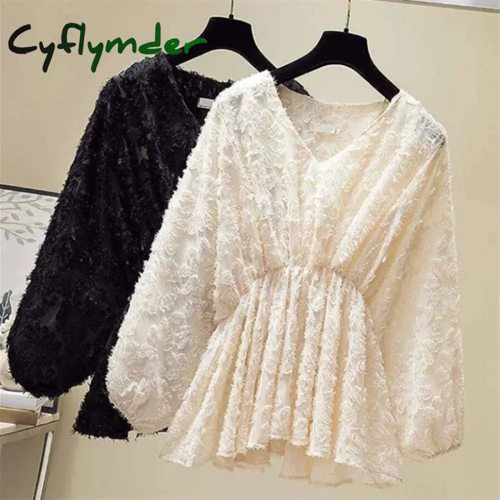 Cyflymder Elegant Casual Sweet V-Neck Fashion Elastic Waist Puff Sleeve Tassel Lace Chiffon Shirt