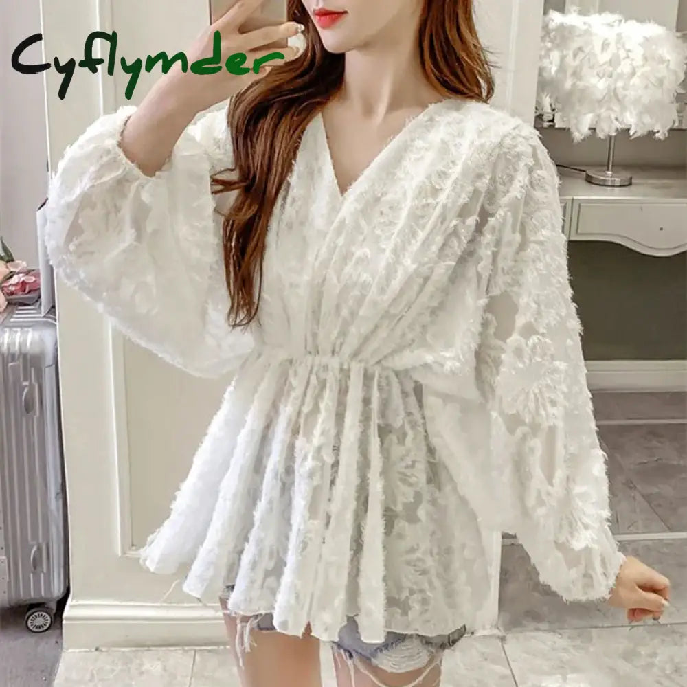 Cyflymder Elegant Casual Sweet V-Neck Fashion Elastic Waist Puff Sleeve Tassel Lace Chiffon Shirt