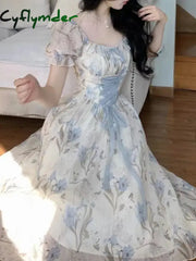 Cyflymder Elegant Chic Women Summer Floral Print Midi Dress Vintage A-Line Casual Party Prom