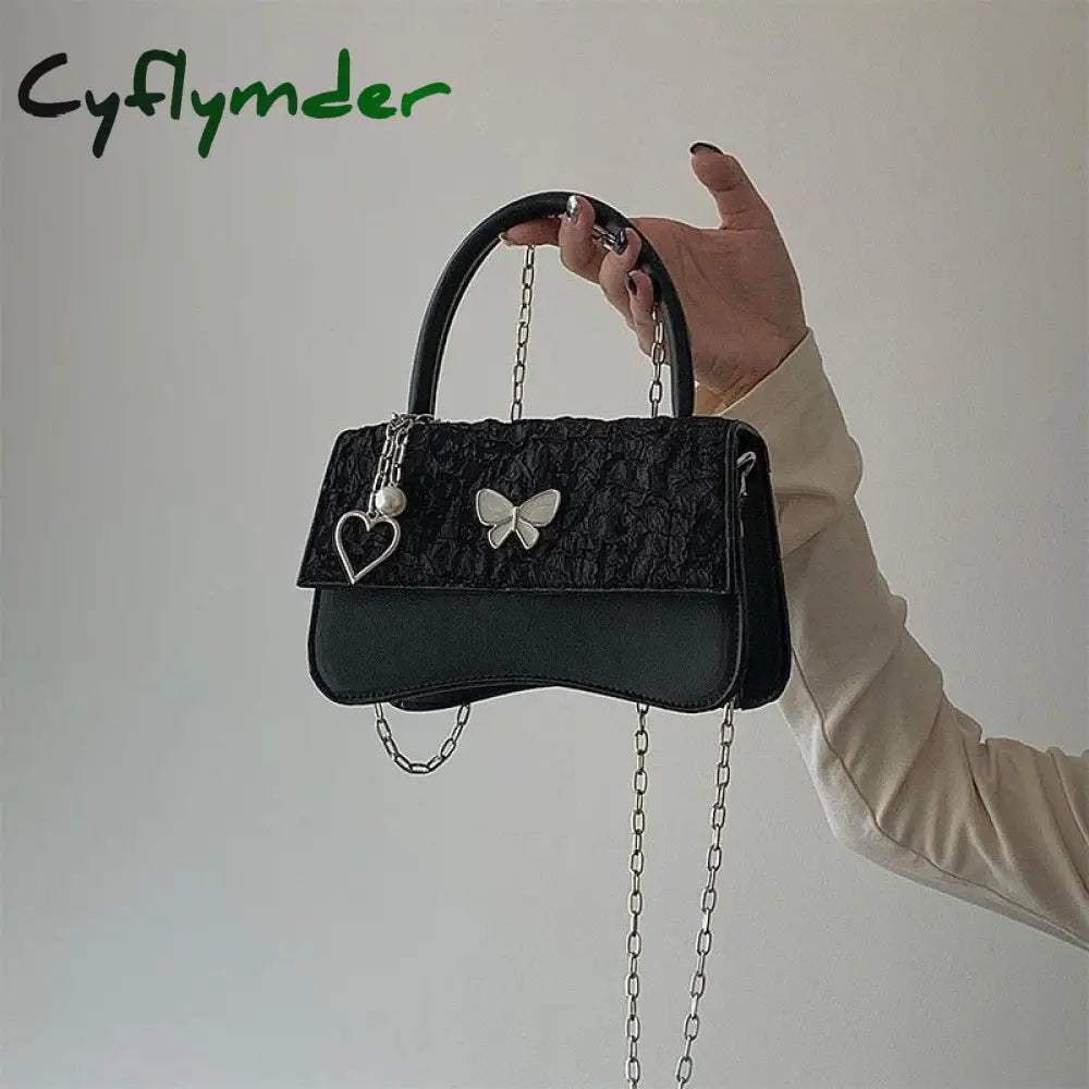 Cyflymder Elegant Crossbody Bag Women Cute Black Pu Leather Butterfly Heart Square Spring New