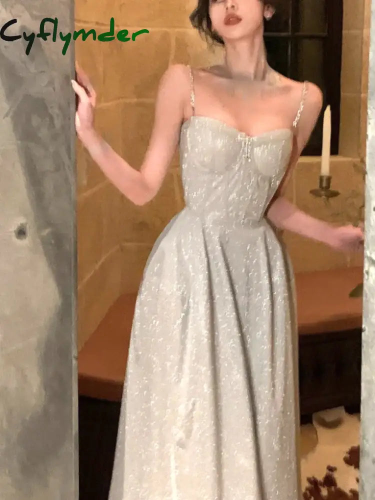 Cyflymder Elegant Evening Party Midi Dress Women Backless France Vintage Sexy Strap Female Bow