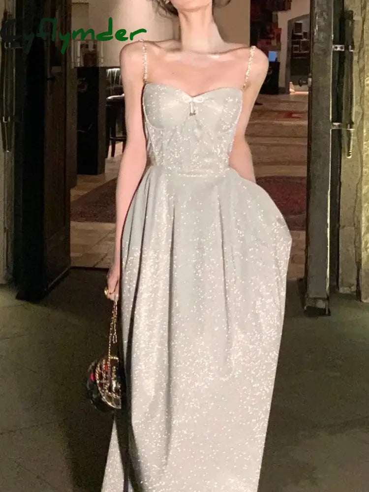 Cyflymder Elegant Evening Party Midi Dress Women Backless France Vintage Sexy Strap Female Bow