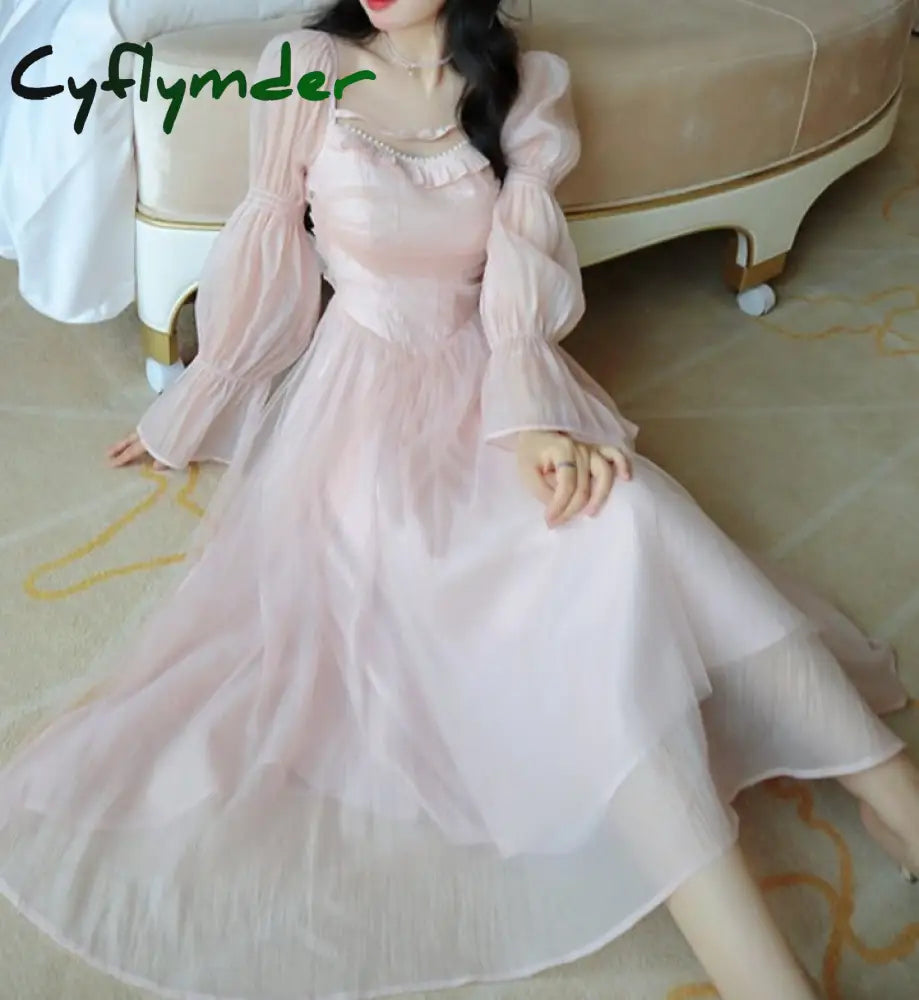 Cyflymder Elegant Evening Party Midi Dress Women Bubble Sleeve French Vintage Sweet Female Pink