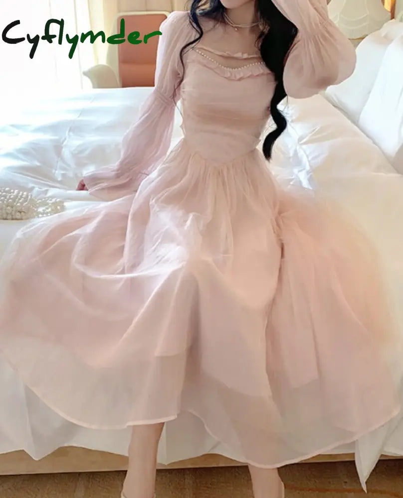 Cyflymder Elegant Evening Party Midi Dress Women Bubble Sleeve French Vintage Sweet Female Pink