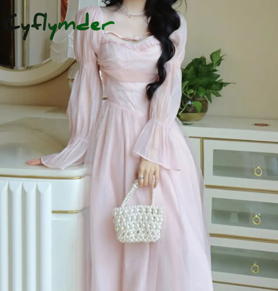 Cyflymder Elegant Evening Party Midi Dress Women Bubble Sleeve French Vintage Sweet Female Pink