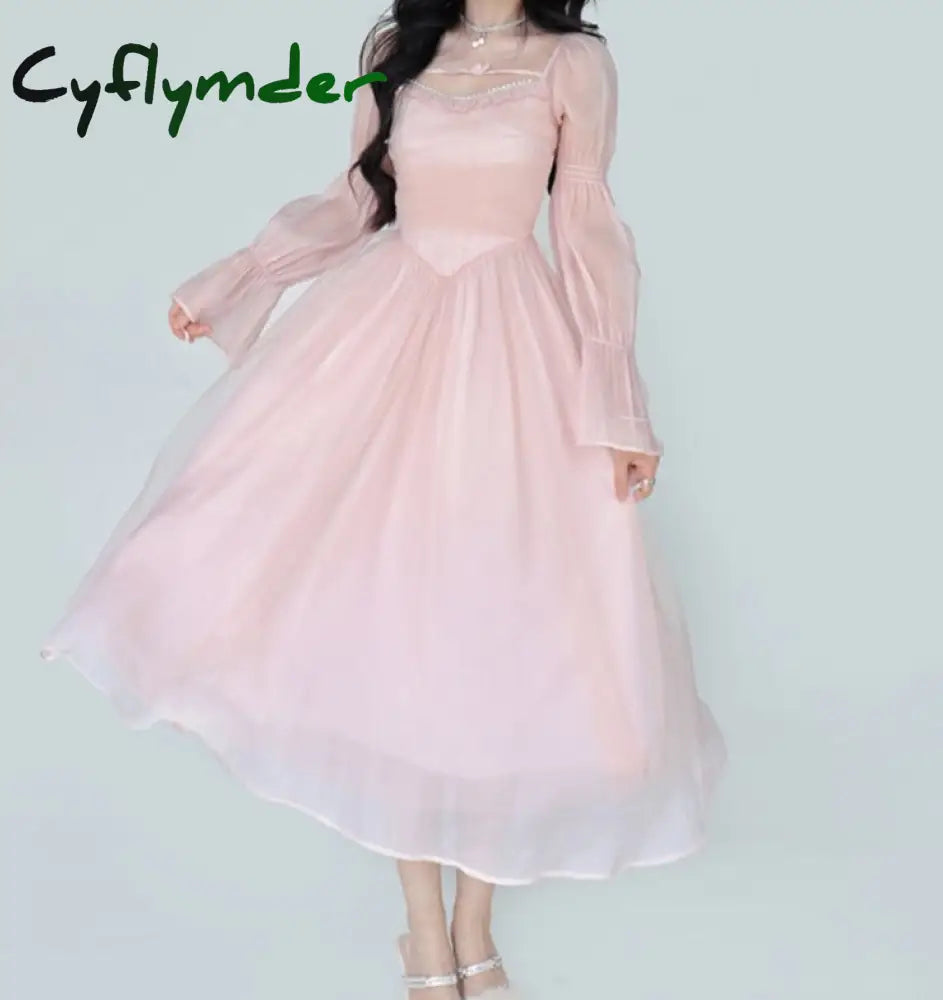 Cyflymder Elegant Evening Party Midi Dress Women Bubble Sleeve French Vintage Sweet Female Pink