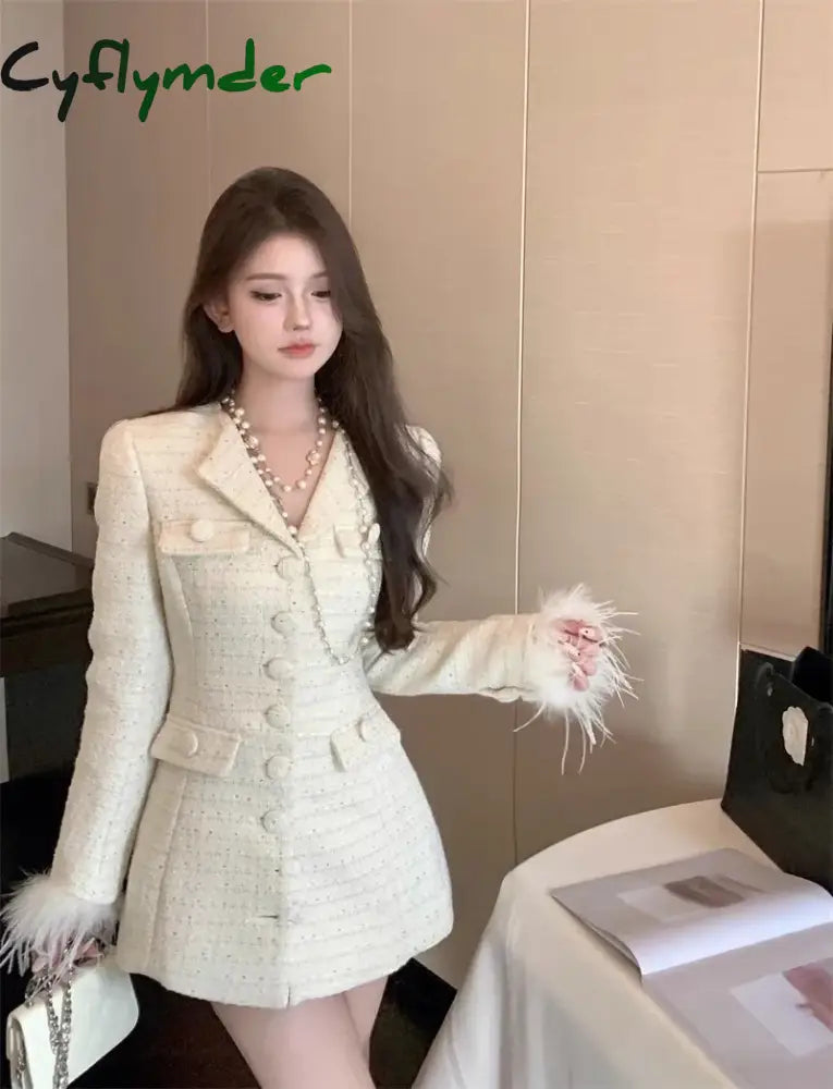 Cyflymder Elegant Fur Patchwork Women Jacket Autumn Single Breasted Turn-down Collar Korean Slim Waist Medium-long Coat