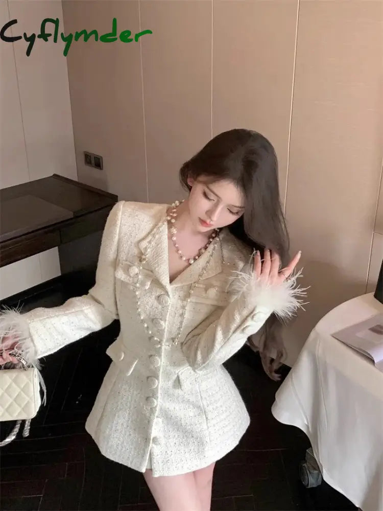 Cyflymder Elegant Fur Patchwork Women Jacket Autumn Single Breasted Turn-down Collar Korean Slim Waist Medium-long Coat