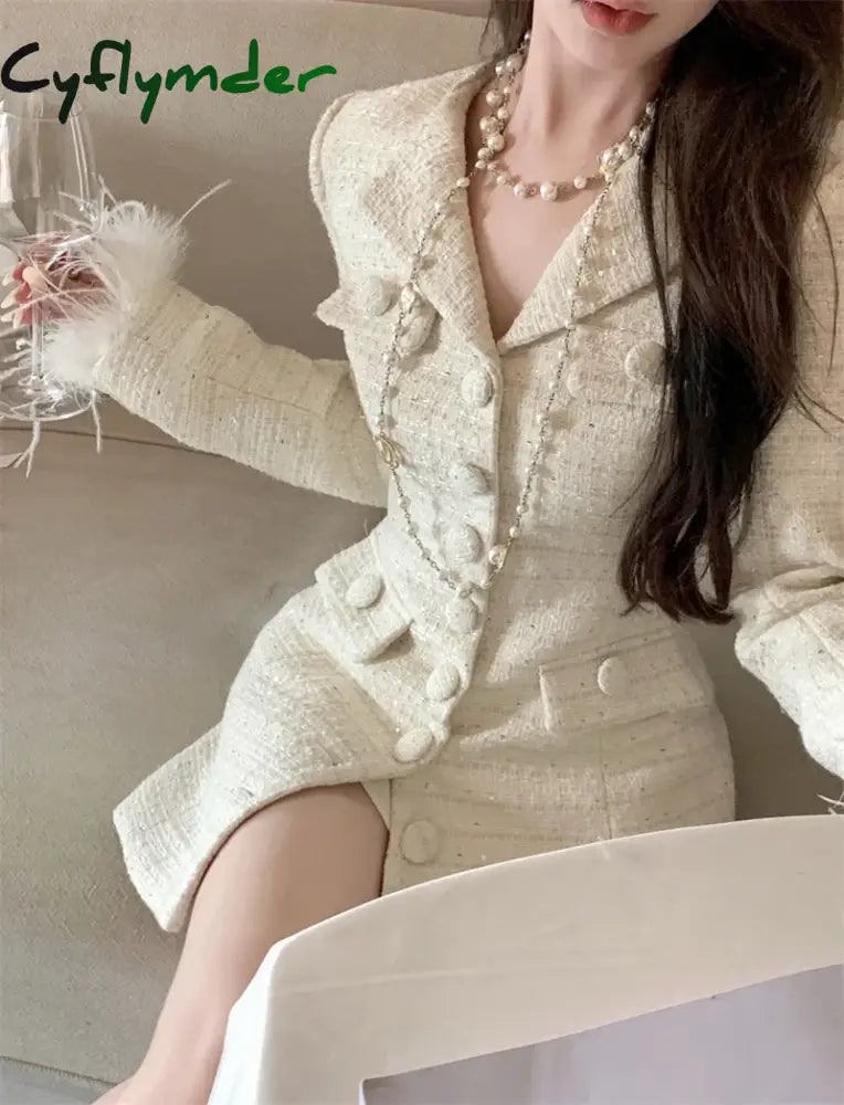 Cyflymder Elegant Fur Patchwork Women Jacket Autumn Single Breasted Turn-down Collar Korean Slim Waist Medium-long Coat