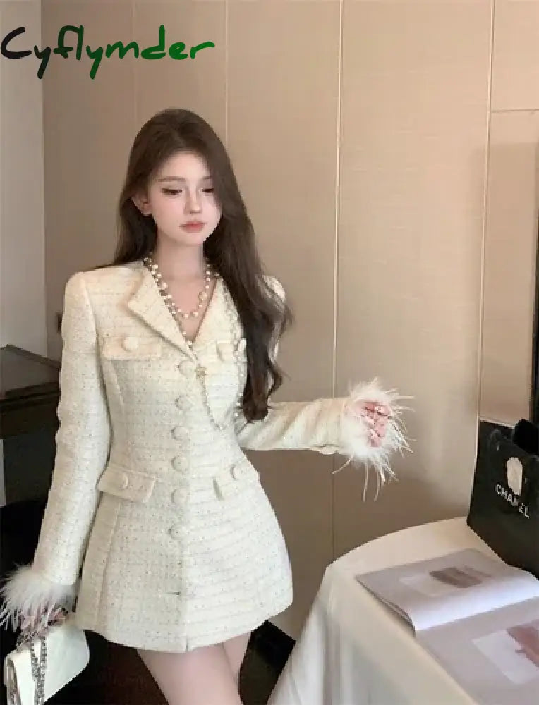 Cyflymder Elegant Fur Patchwork Women Jacket Autumn Single Breasted Turn-down Collar Korean Slim Waist Medium-long Coat