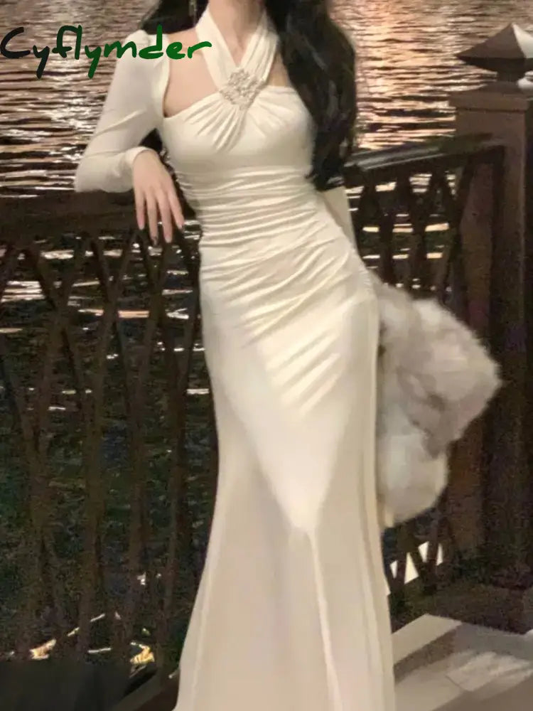 Cyflymder Elegant Halter Midi Dress Women Embroidered Flares Slim Mermaid Autumn Winter French