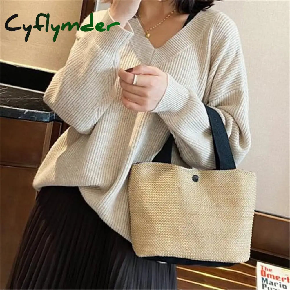 Cyflymder Elegant Ladies Straw Woven Handbag Women Holiday Beach Casual Tote Top-Handle Bags