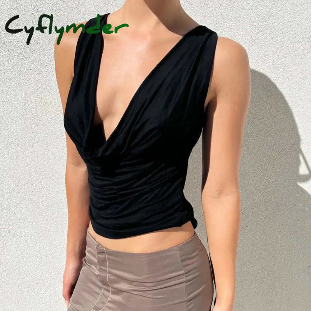 Cyflymder Elegant Lady Cowl Neck Draped Crop Top Chic Women Sexy Open Back Tank Tops Summer Slim