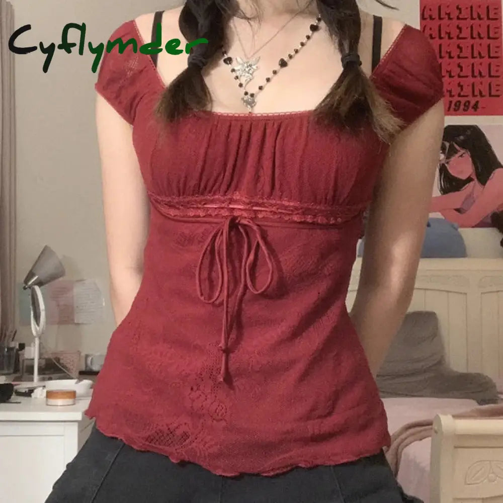 Cyflymder Elegant Lady Square Collar T-Shirt Kawaii Bow Short Sleeve Pullovers Tees Y2K Vintage