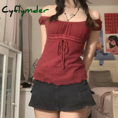 Cyflymder Elegant Lady Square Collar T-Shirt Kawaii Bow Short Sleeve Pullovers Tees Y2K Vintage