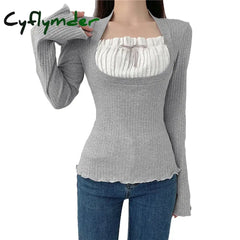 Cyflymder Elegant Lady Square Collar T Shirt Kawaii Clothes Fairy Grunge Long Sleeve Ribbed Tops