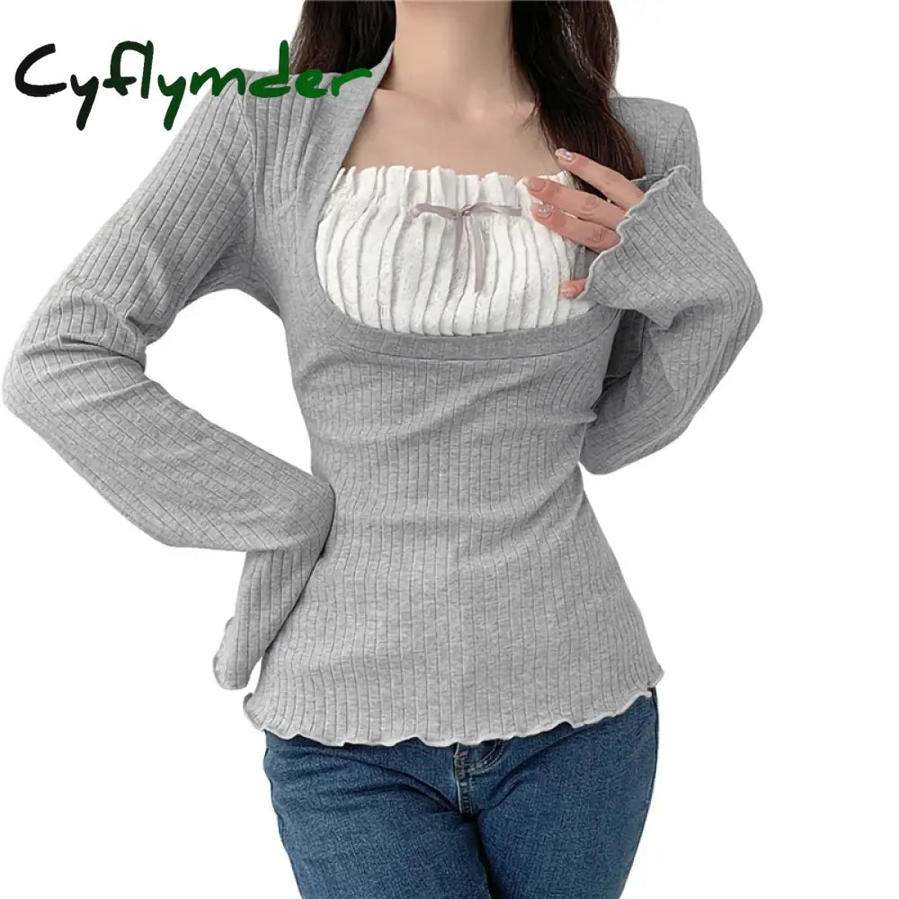 Cyflymder Elegant Lady Square Collar T Shirt Kawaii Clothes Fairy Grunge Long Sleeve Ribbed Tops