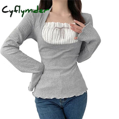 Cyflymder Elegant Lady Square Collar T Shirt Kawaii Clothes Fairy Grunge Long Sleeve Ribbed Tops