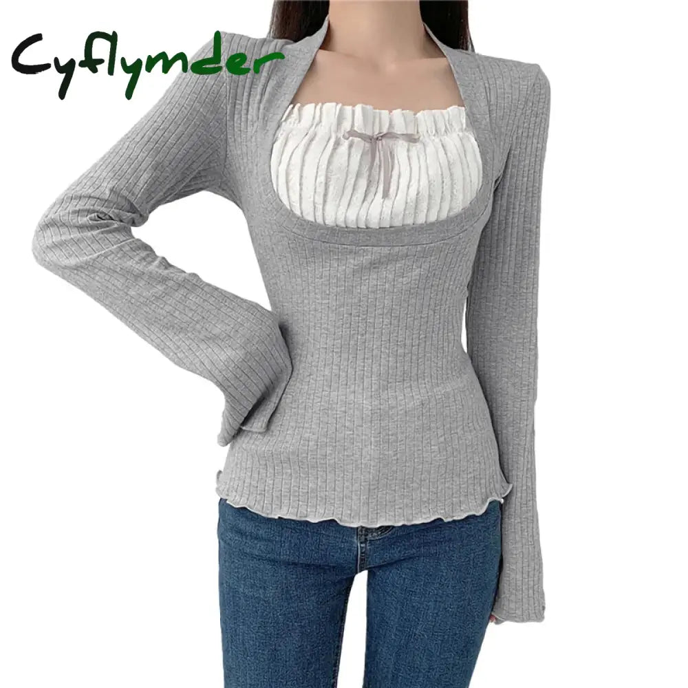 Cyflymder Elegant Lady Square Collar T Shirt Kawaii Clothes Fairy Grunge Long Sleeve Ribbed Tops