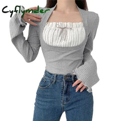 Cyflymder Elegant Lady Square Collar T Shirt Kawaii Clothes Fairy Grunge Long Sleeve Ribbed Tops