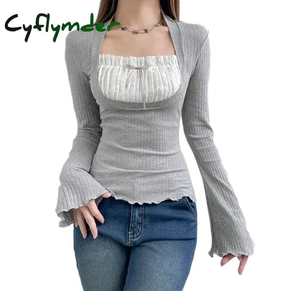 Elegant Lady Square Collar T Shirt Kawaii Clothes Fairy Grunge Long Sleeve Ribbed Tops y2k Tees 2000s Women Streetwear