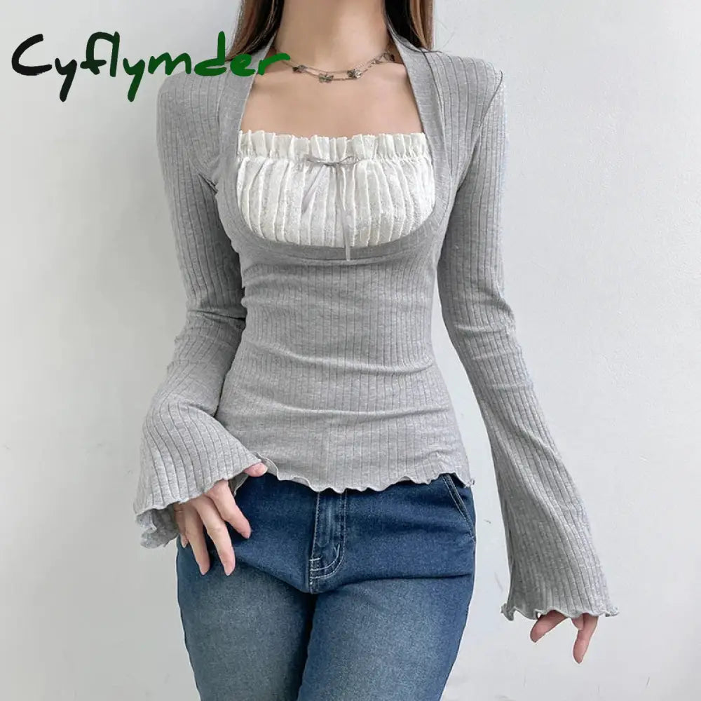 Elegant Lady Square Collar T Shirt Kawaii Clothes Fairy Grunge Long Sleeve Ribbed Tops y2k Tees 2000s Women Streetwear