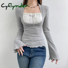 Elegant Lady Square Collar T Shirt Kawaii Clothes Fairy Grunge Long Sleeve Ribbed Tops y2k Tees 2000s Women Streetwear