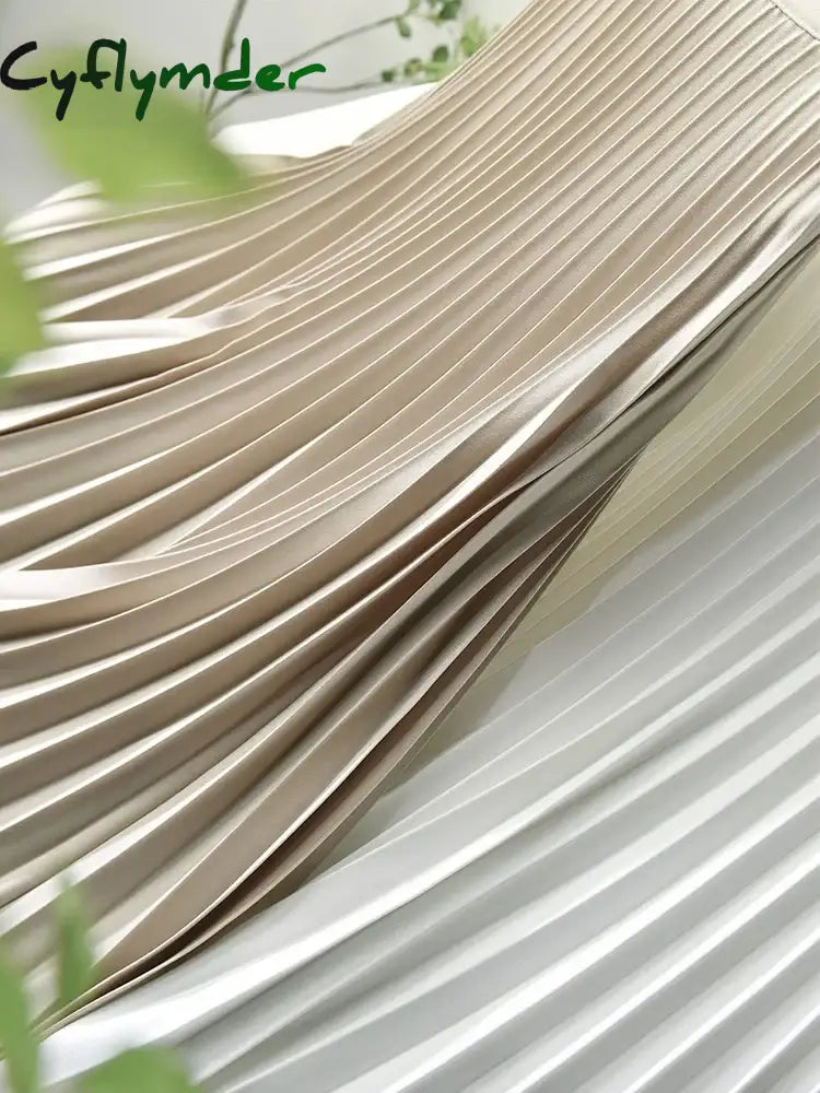Cyflymder Elegant Long Pleated Skirt Women Spring Autumn Solid Elastic Waist A-Line Slim Luxury