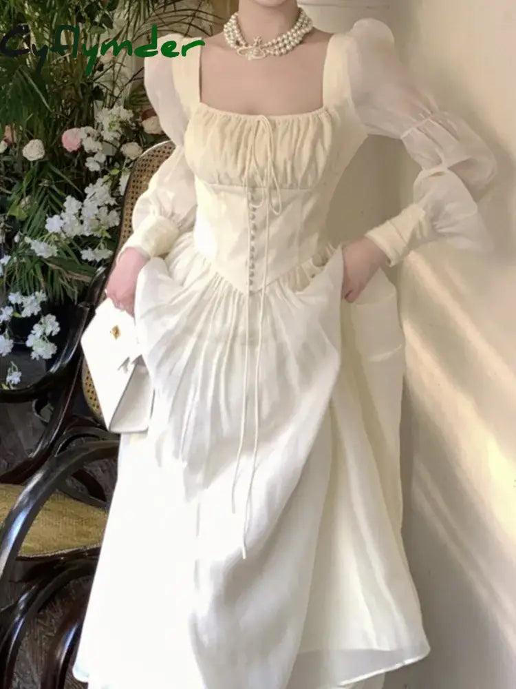 Cyflymder Elegant Princess Party Dress Women High Waist A-line Lace Up Autumn Spring French Vintage Prom Robe One Piece