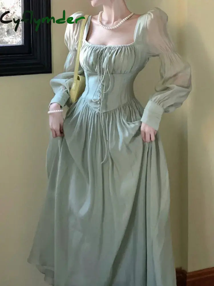 Cyflymder Elegant Princess Party Dress Women High Waist A-line Lace Up Autumn Spring French Vintage Prom Robe One Piece