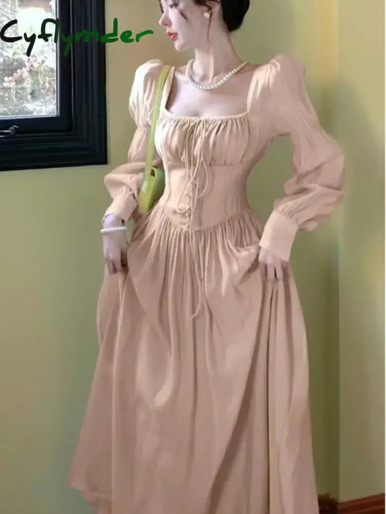 Cyflymder Elegant Princess Party Dress Women High Waist A-line Lace Up Autumn Spring French Vintage Prom Robe One Piece
