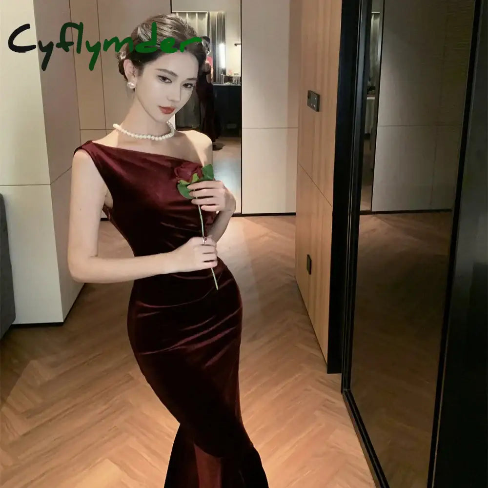 Cyflymder Elegant Slimming Tank Dress For Women Autumn Crossbody Red Silk Velvet Prom Gowns Luxury Brand Women’s Fashion