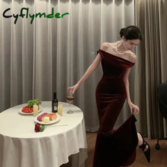 Cyflymder Elegant Slimming Tank Dress For Women Autumn Crossbody Red Silk Velvet Prom Gowns Luxury Brand Women’s Fashion