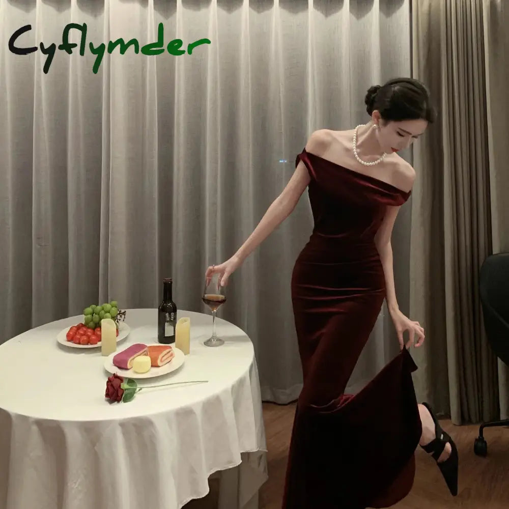 Cyflymder Elegant Slimming Tank Dress For Women Autumn Crossbody Red Silk Velvet Prom Gowns Luxury Brand Women’s