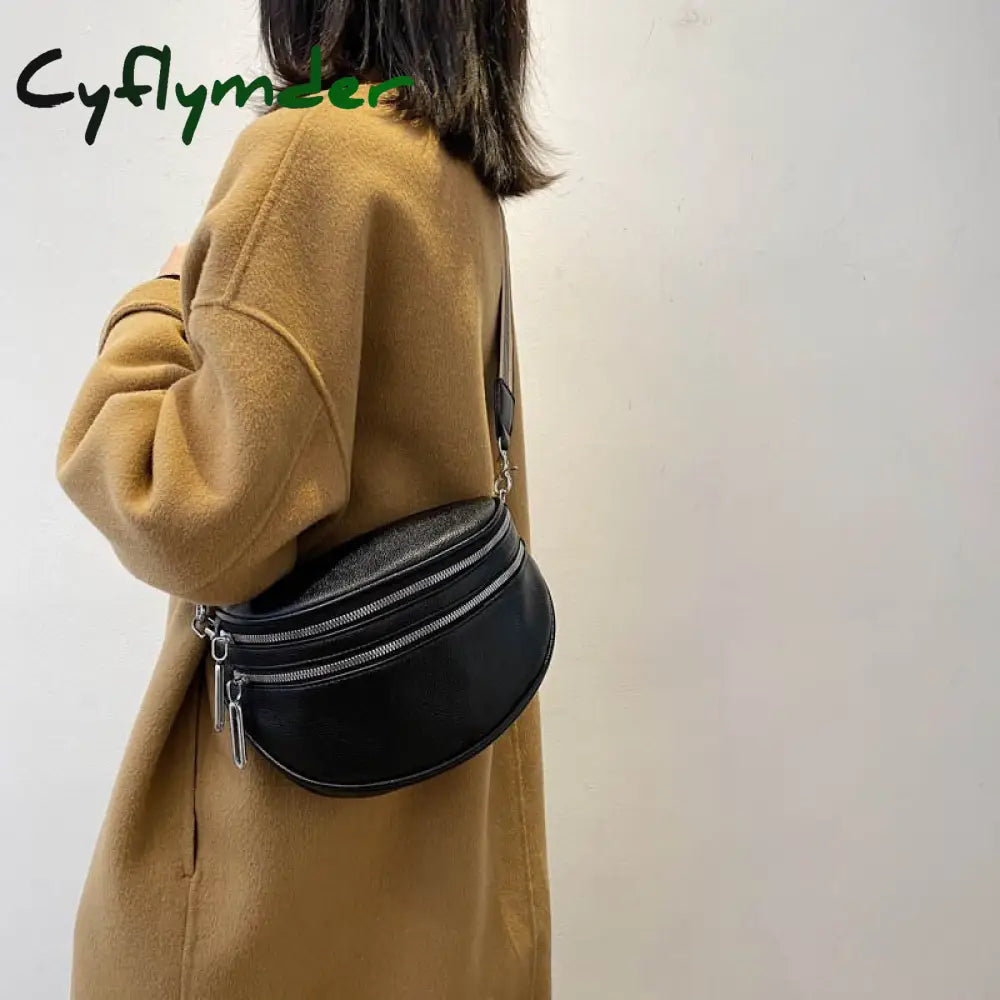 Cyflymder Elegant Solid Colour Pu Leather Waist Bags For Women Double Zippers Design Pack Female