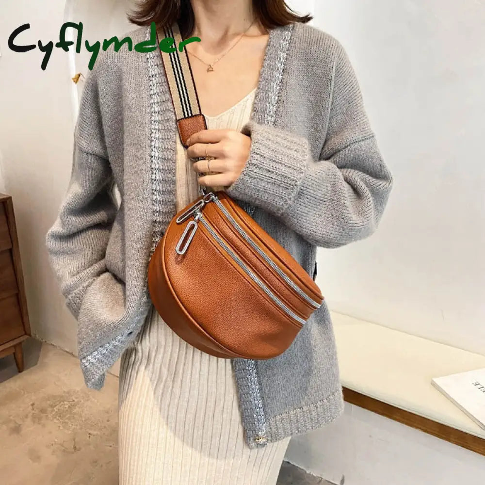 Cyflymder Elegant Solid Colour Pu Leather Waist Bags For Women Double Zippers Design Pack Female