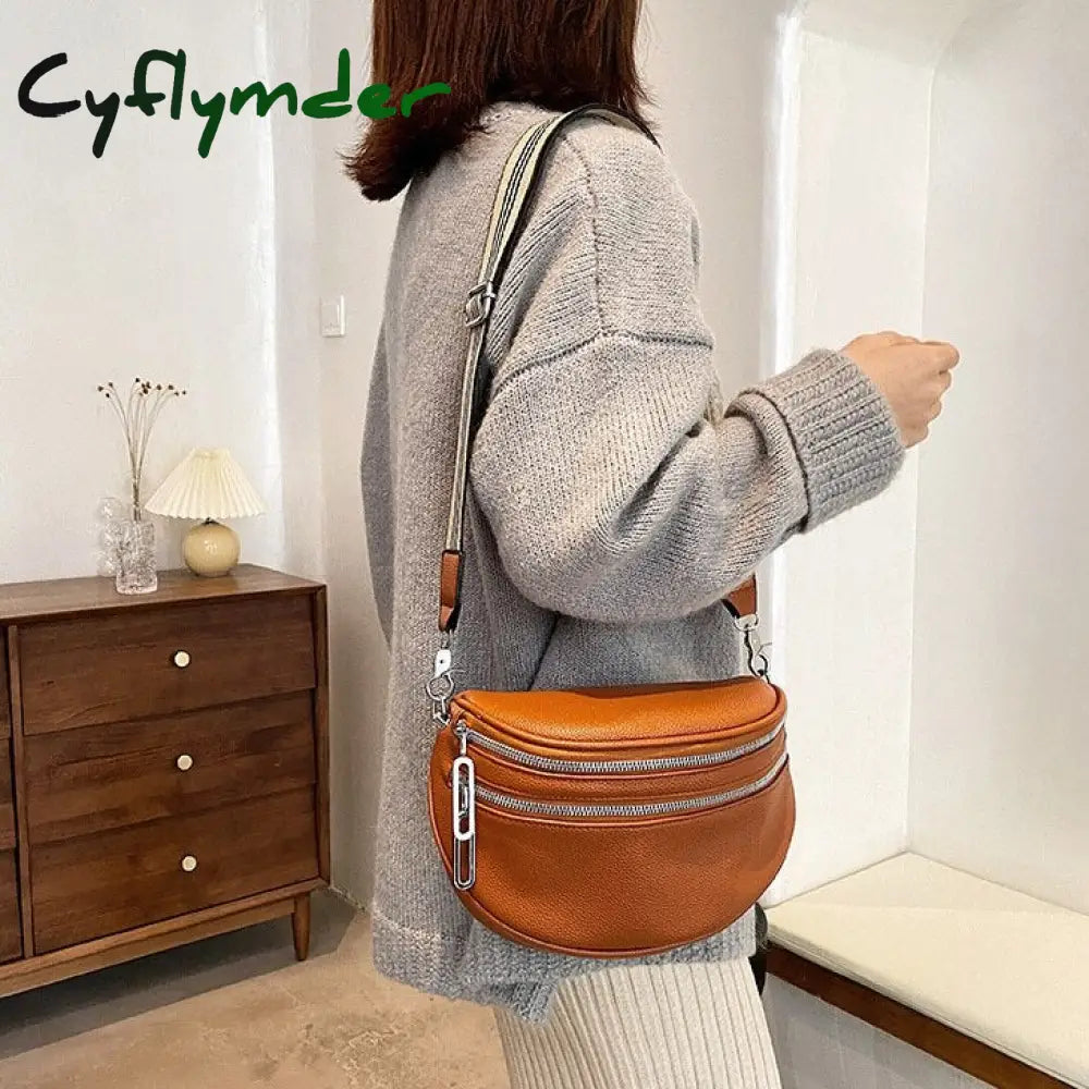 Cyflymder Elegant Solid Colour Pu Leather Waist Bags For Women Double Zippers Design Pack Female