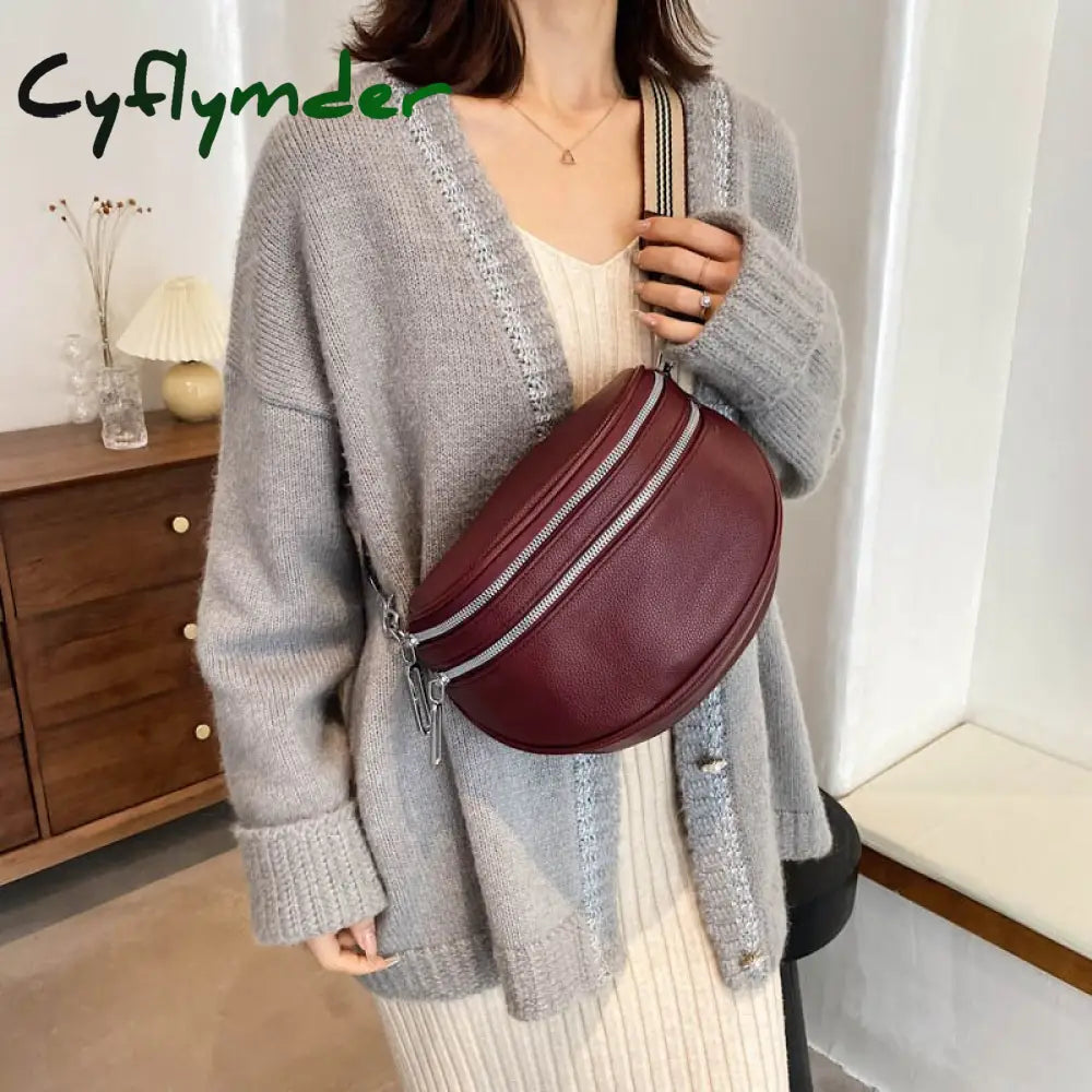 Cyflymder Elegant Solid Colour Pu Leather Waist Bags For Women Double Zippers Design Pack Female