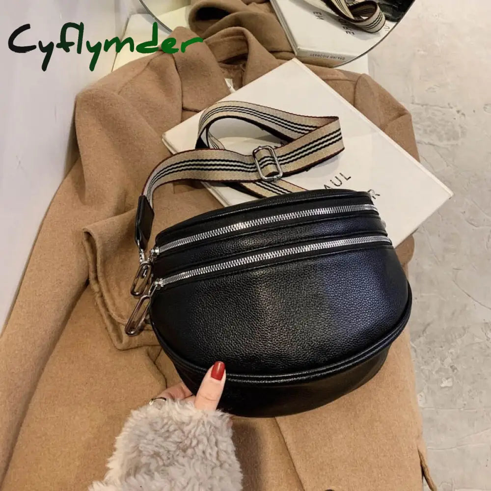 Cyflymder Elegant Solid Colour Pu Leather Waist Bags For Women Double Zippers Design Pack Female