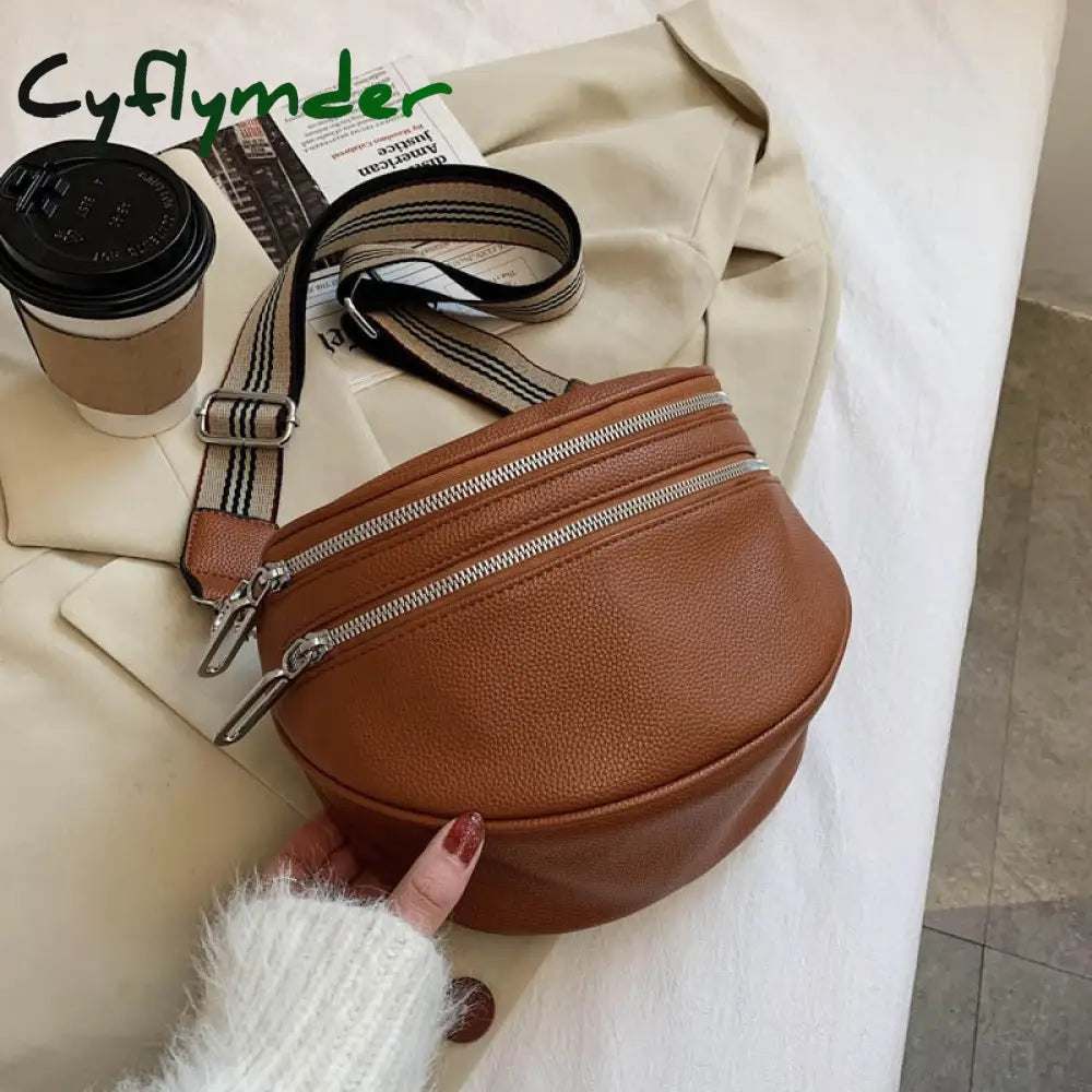 Cyflymder Elegant Solid Colour Pu Leather Waist Bags For Women Double Zippers Design Pack Female