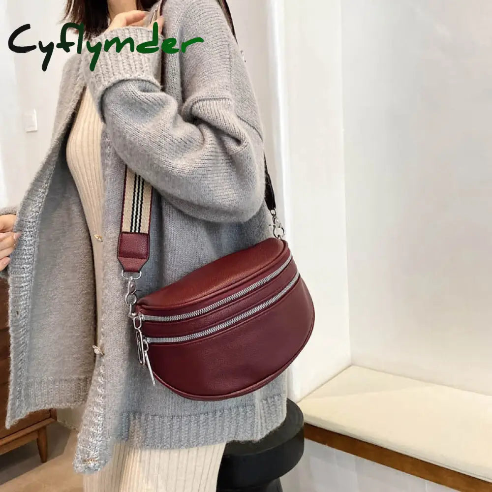 Cyflymder Elegant Solid Colour Pu Leather Waist Bags For Women Double Zippers Design Pack Female