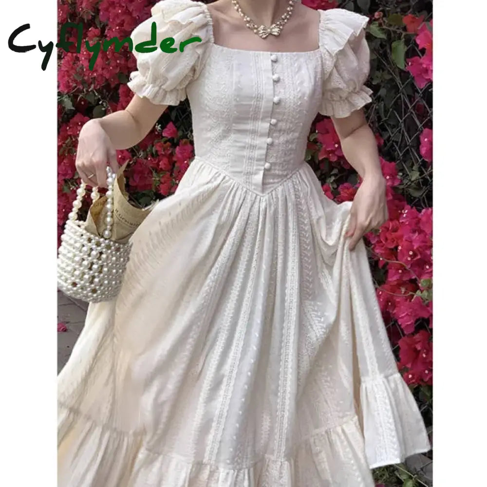 Cyflymder Elegant Square Collar White Dress Summer Fashion Puff Sleeve Ruffle For Women 2024 Chic