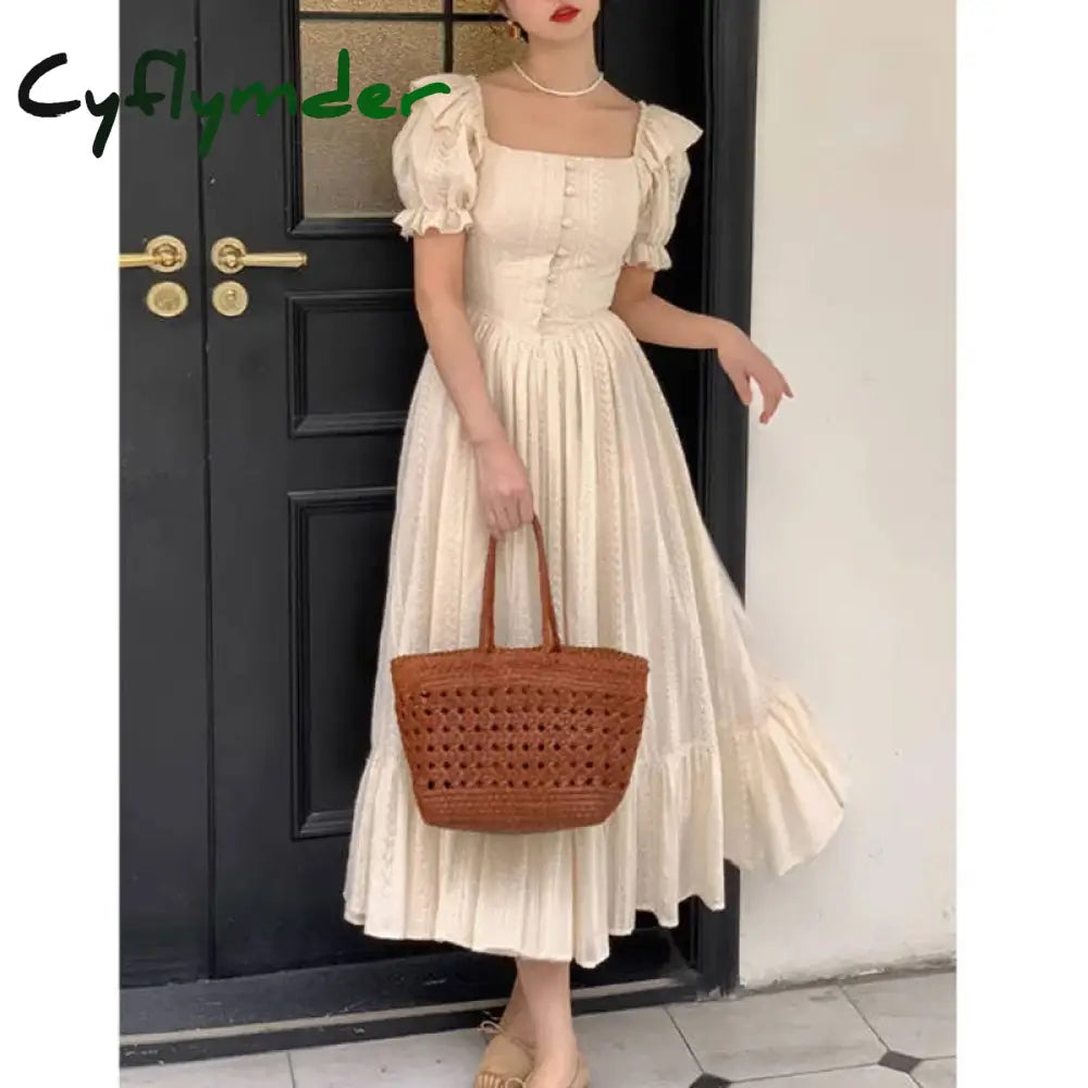 Cyflymder Elegant Square Collar White Dress Summer Fashion Puff Sleeve Ruffle For Women 2024 Chic