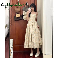 Elegant Summer Dress Women Office Lady O-Neck Button Fashion Sleeveless Dresses Femme Camisole High Waisted Vestidos Female